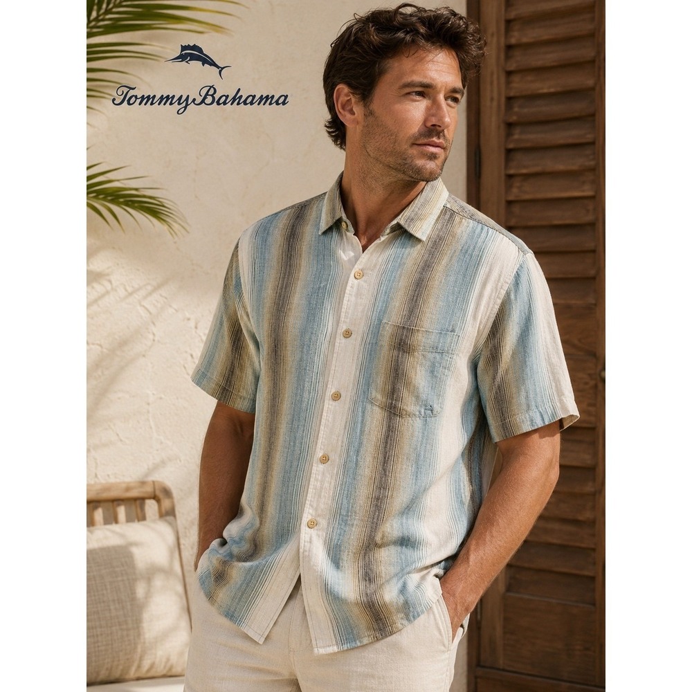 Tommy Bahama Mens Short Sleeve Linen Button Up Striped Shirt Blue Tan Medium